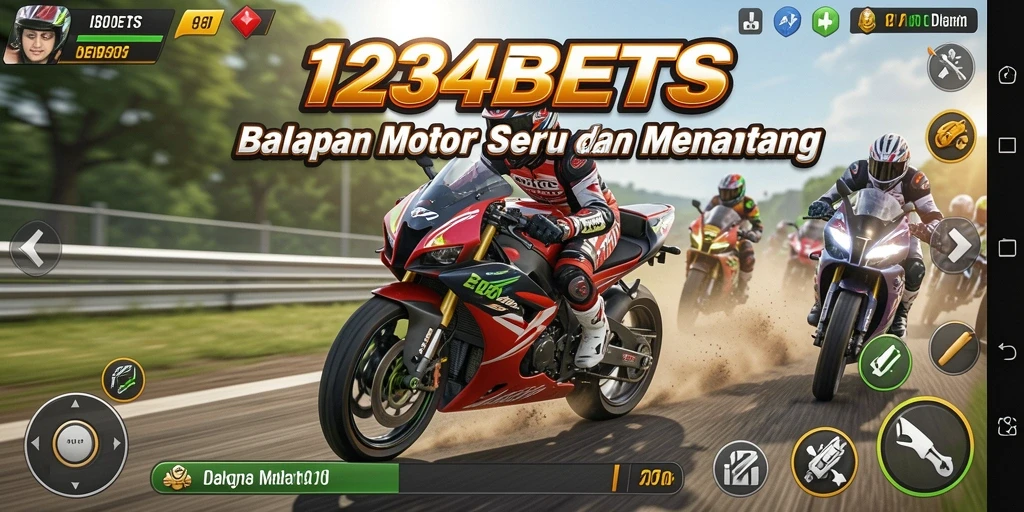 Screenshot gameplay dari 1234BETS yang menunjukkan adu kecepatan motor.