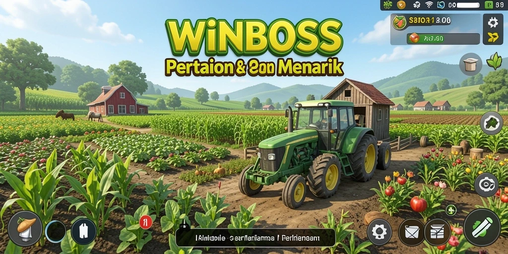 Screenshot utama WINBOSS yang menunjukkan kebun dengan berbagai tanaman.